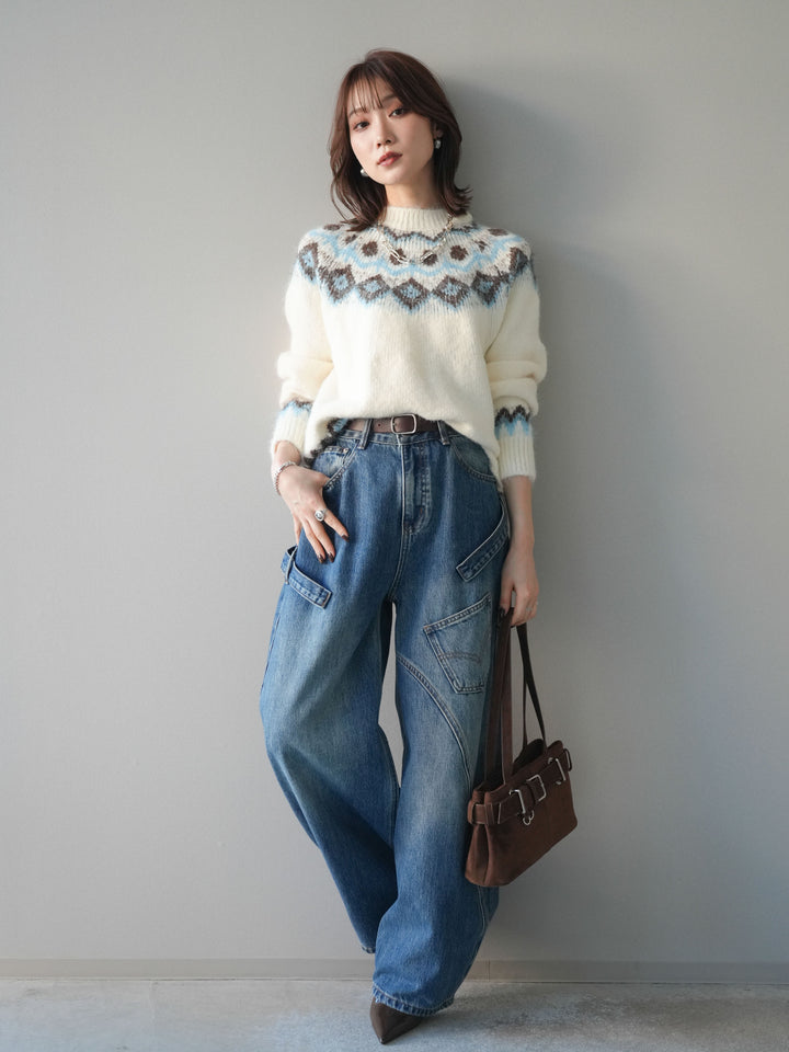 [SET]ソフトタッチ求心柄ニットプルオーバー+ペインターカーブデニムパンツ(2set)