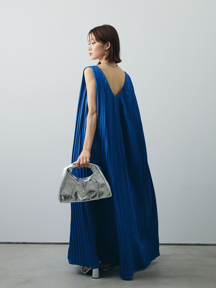 [予約]サテンプリーツVネックワンピース/ブルー