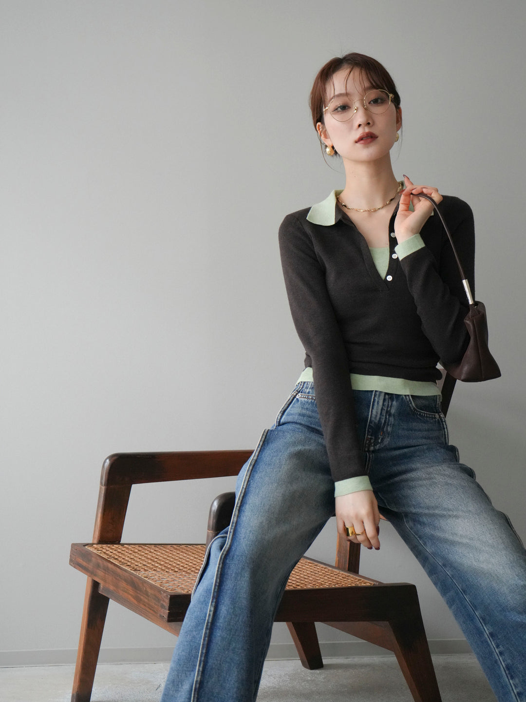 [予約]レイヤード配色ポロニットトップス/darkbrown