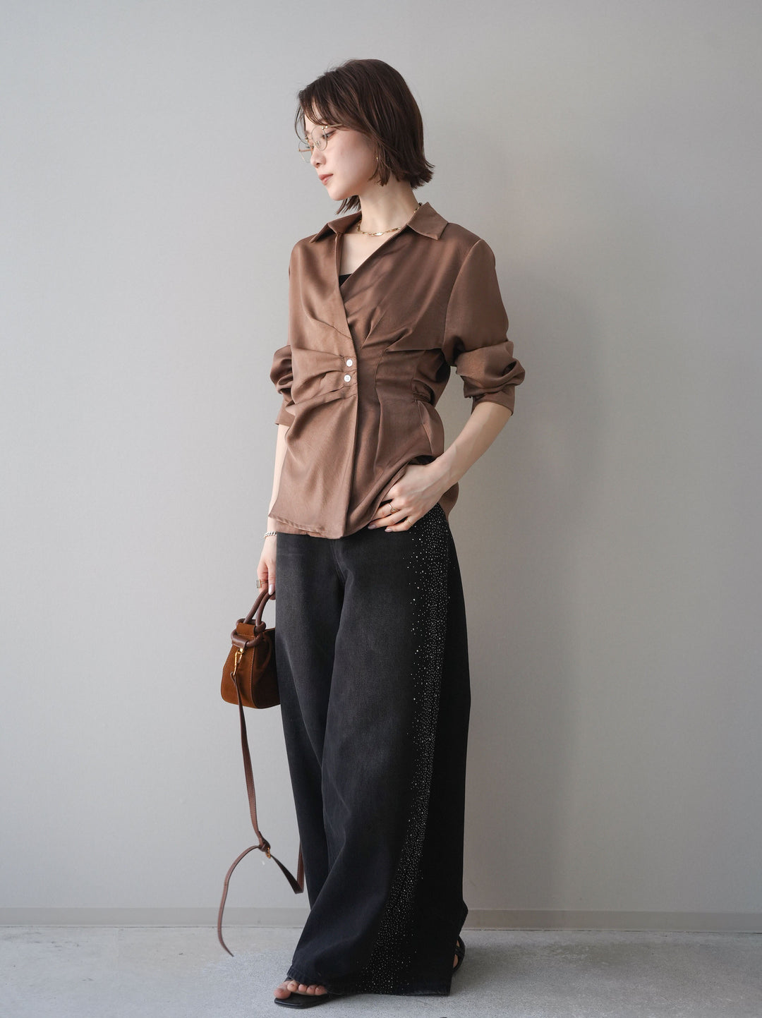 [予約]サイドビジューワイドデニムパンツ/black