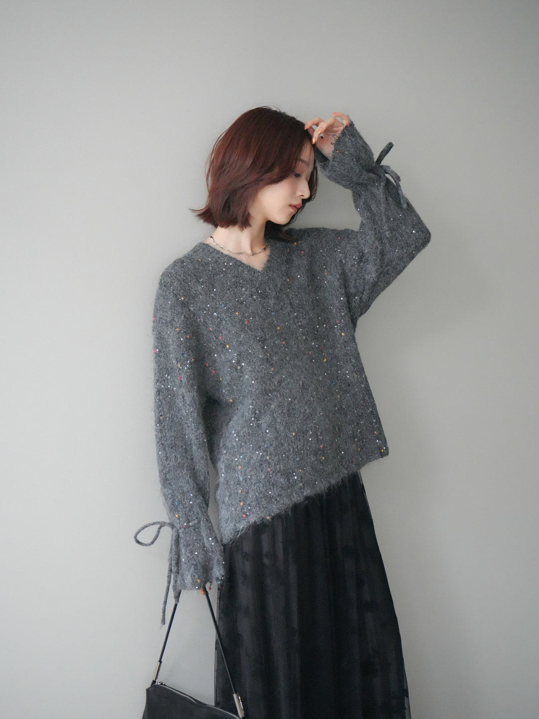 [SET]キャンディースリーブカラーネップスパンコールニットプルオーバー+フラワーフロッキーチュールプリーツスカート(2set)