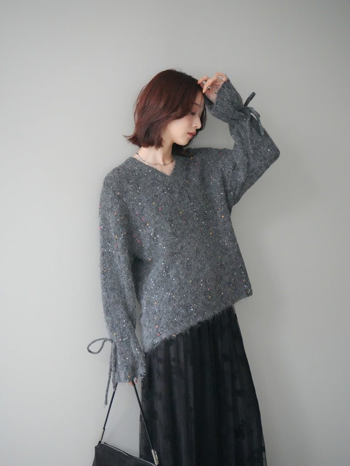 [SET]キャンディースリーブカラーネップスパンコールニットプルオーバー+フラワーフロッキーチュールプリーツスカート(2set)