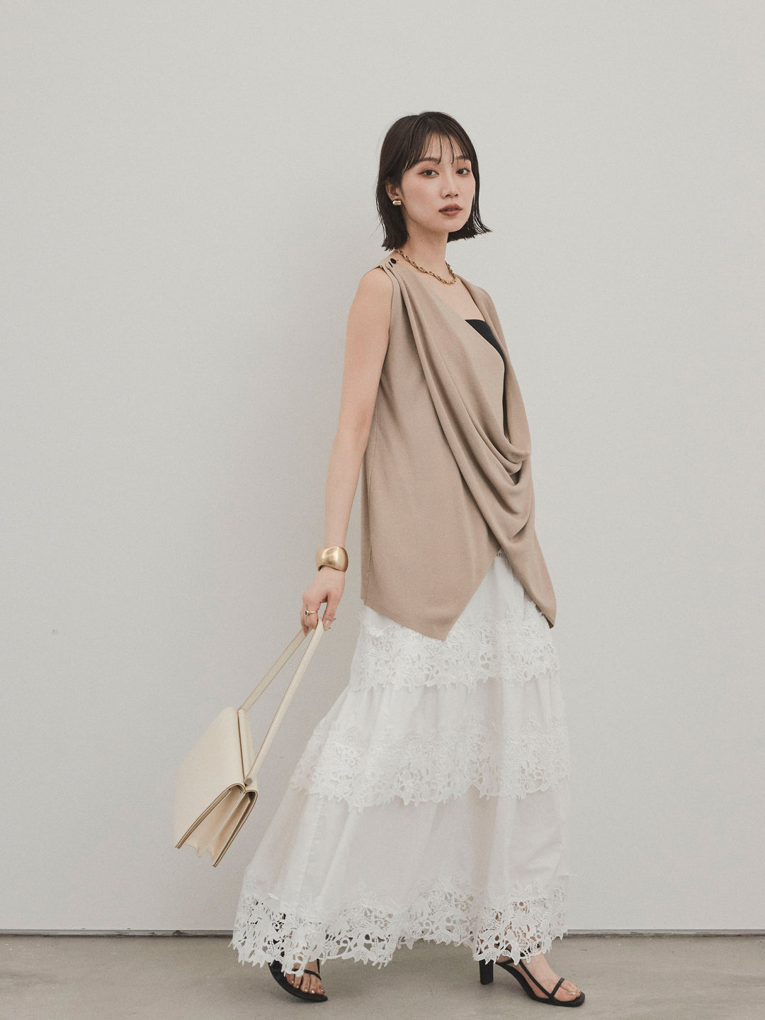 [SET]ドライタッチドレープニットプルオーバー+スカラップレースロングスカート(2set)