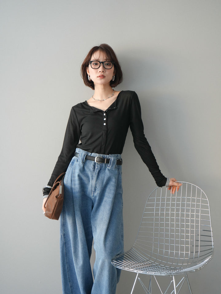 [予約]シアーリブバイカラーカーディガン/black