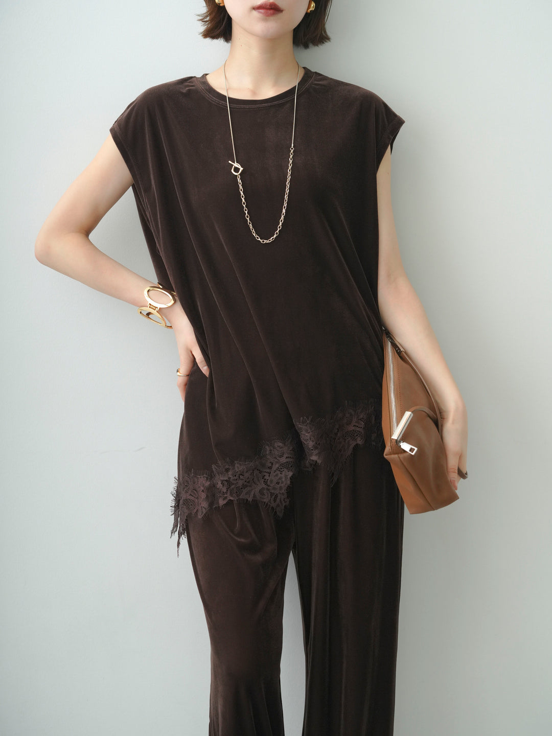 [SET]ベロアレースコンビアシメノースリトップス+選べるアクセセット(2set)