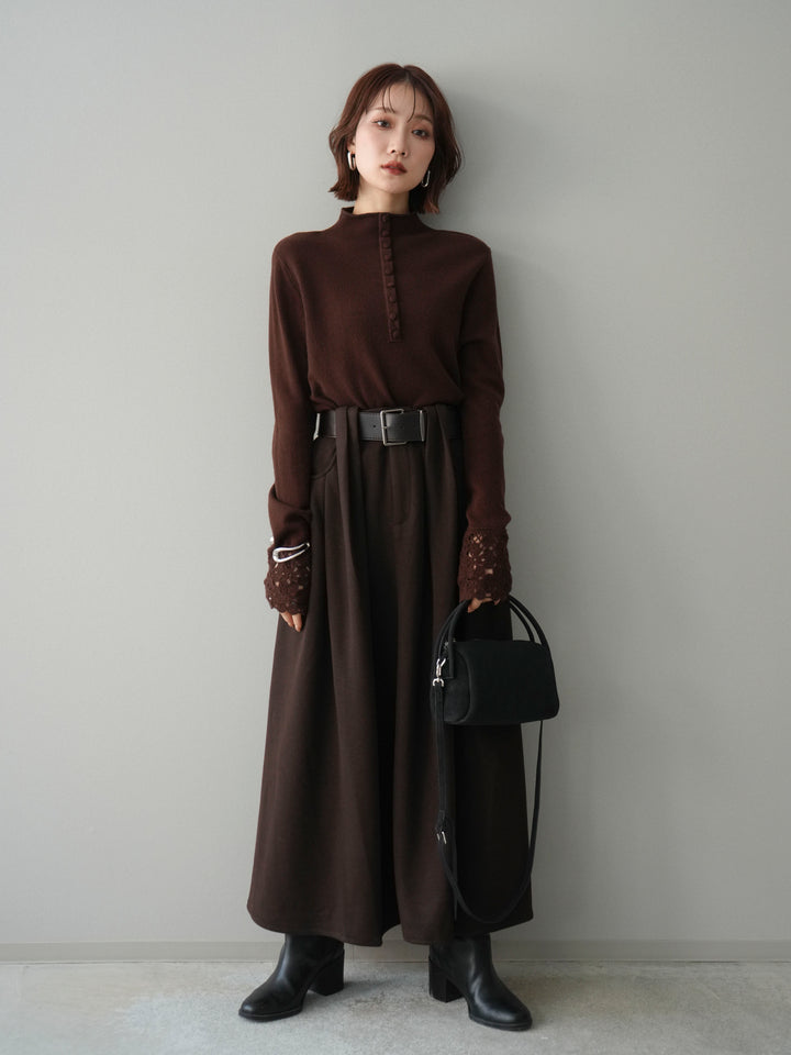 [予約]袖スカラップレースフロントボタンウールニットトップス/brown
