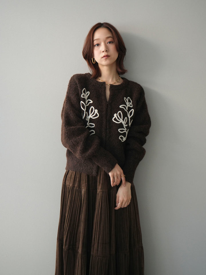 [SET]テープ刺繍ホック開きブークレニットカーディガン+ベロアティアードワッシャースカート(2set)