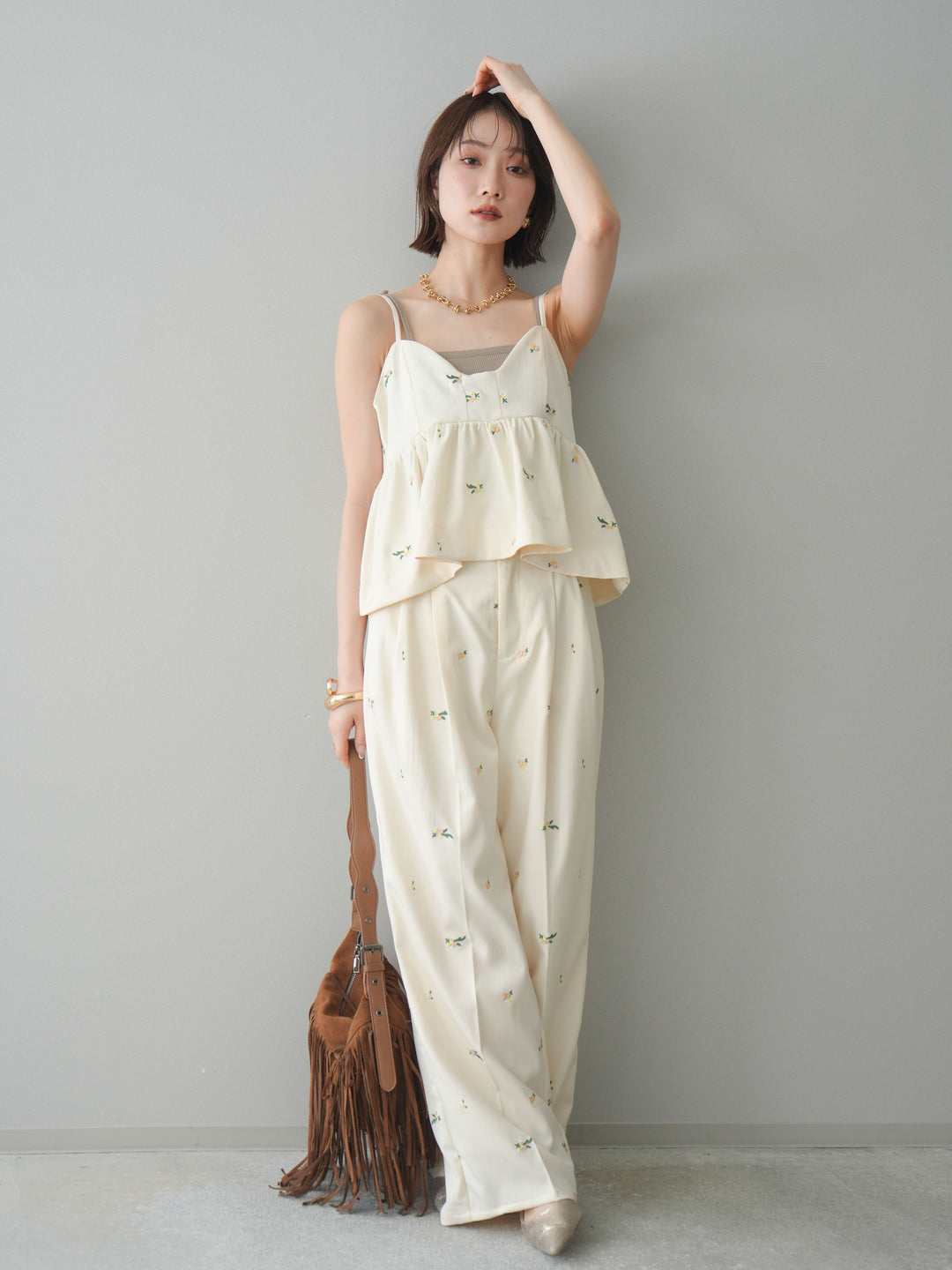 [SET]フラワー刺繍ビスチェ+フラワー刺繍タックパンツ(2set)