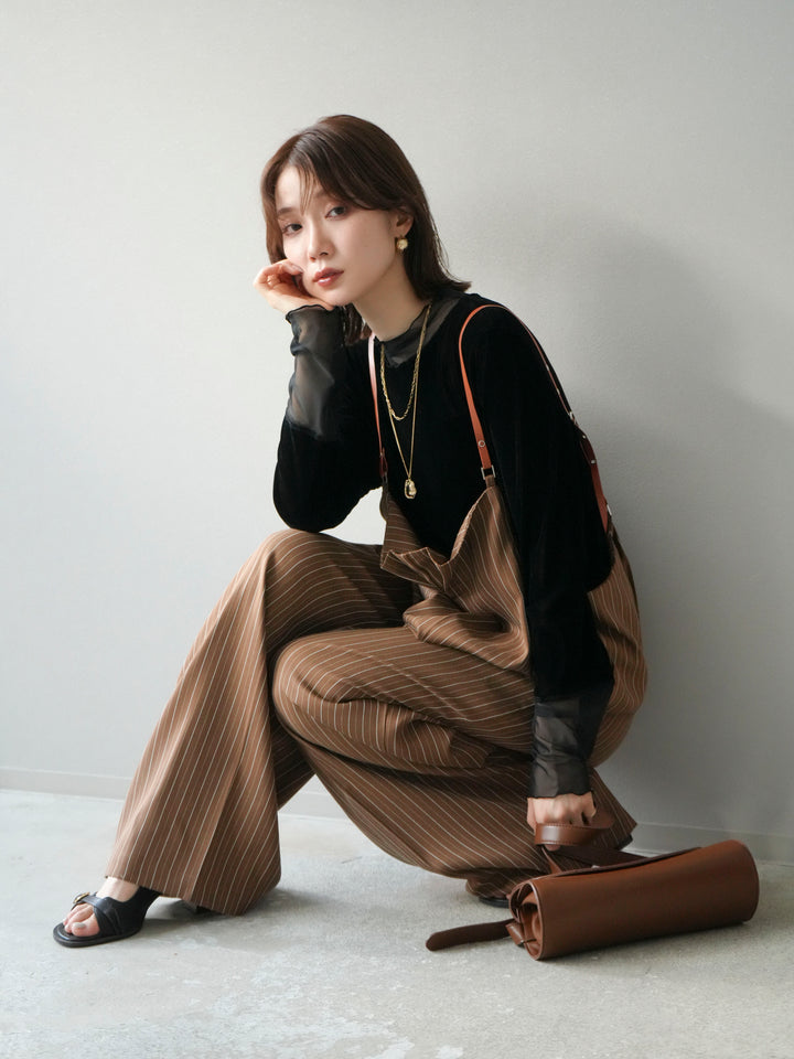 【着回しセット】[SET]ヘリンボーンストライプジレ+シアー切替ベロアトップス+ヘリンボーンストライプサロペット(3set)