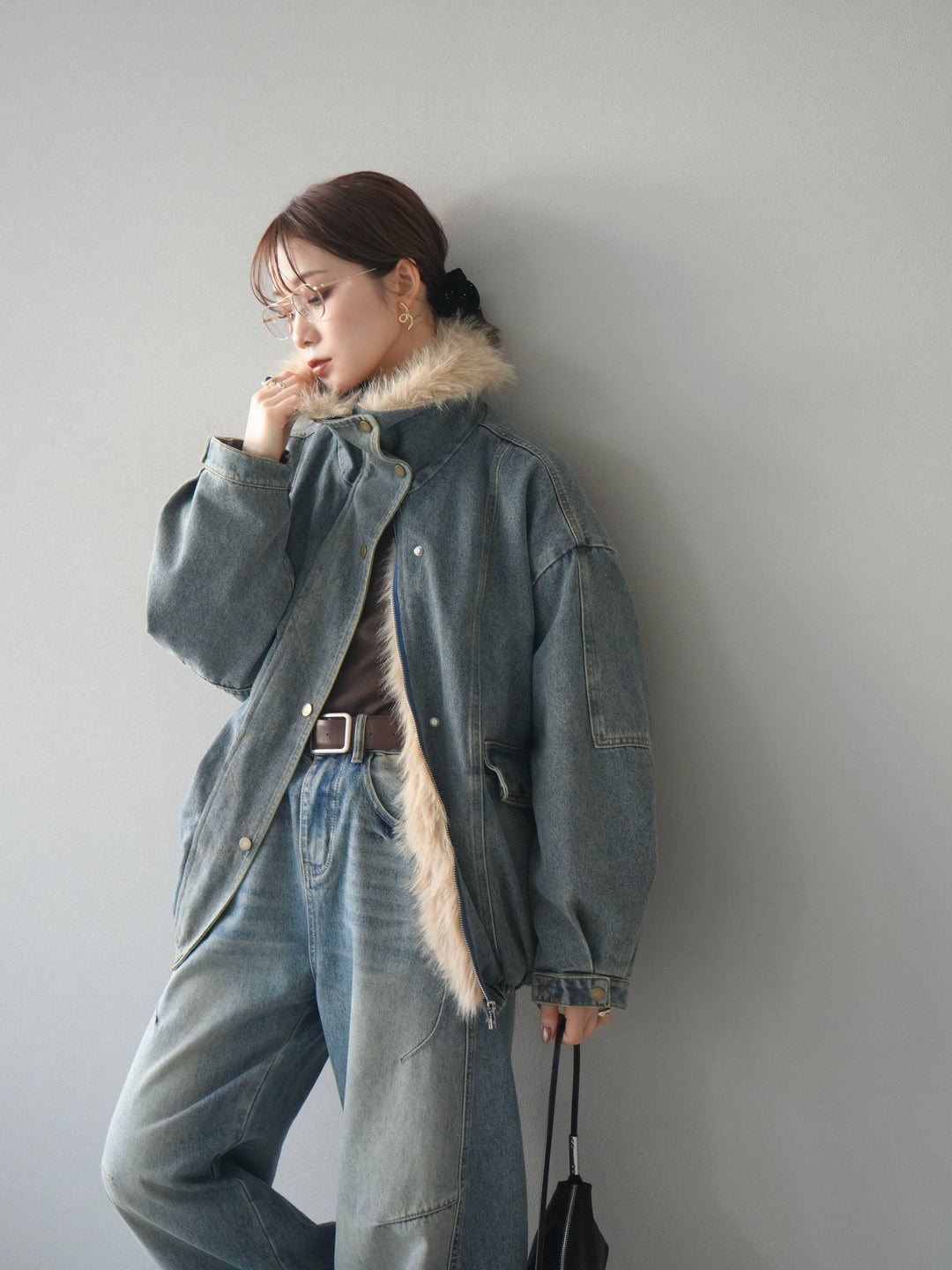 【預購】牛仔布 x 皮草拼接短夾克 / 牛仔米色