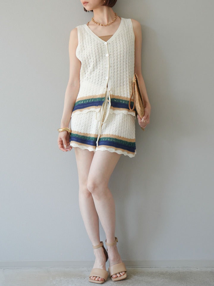 [SET]裾マルチボーダーニットベスト＆ショートパンツ SET UP(2set)