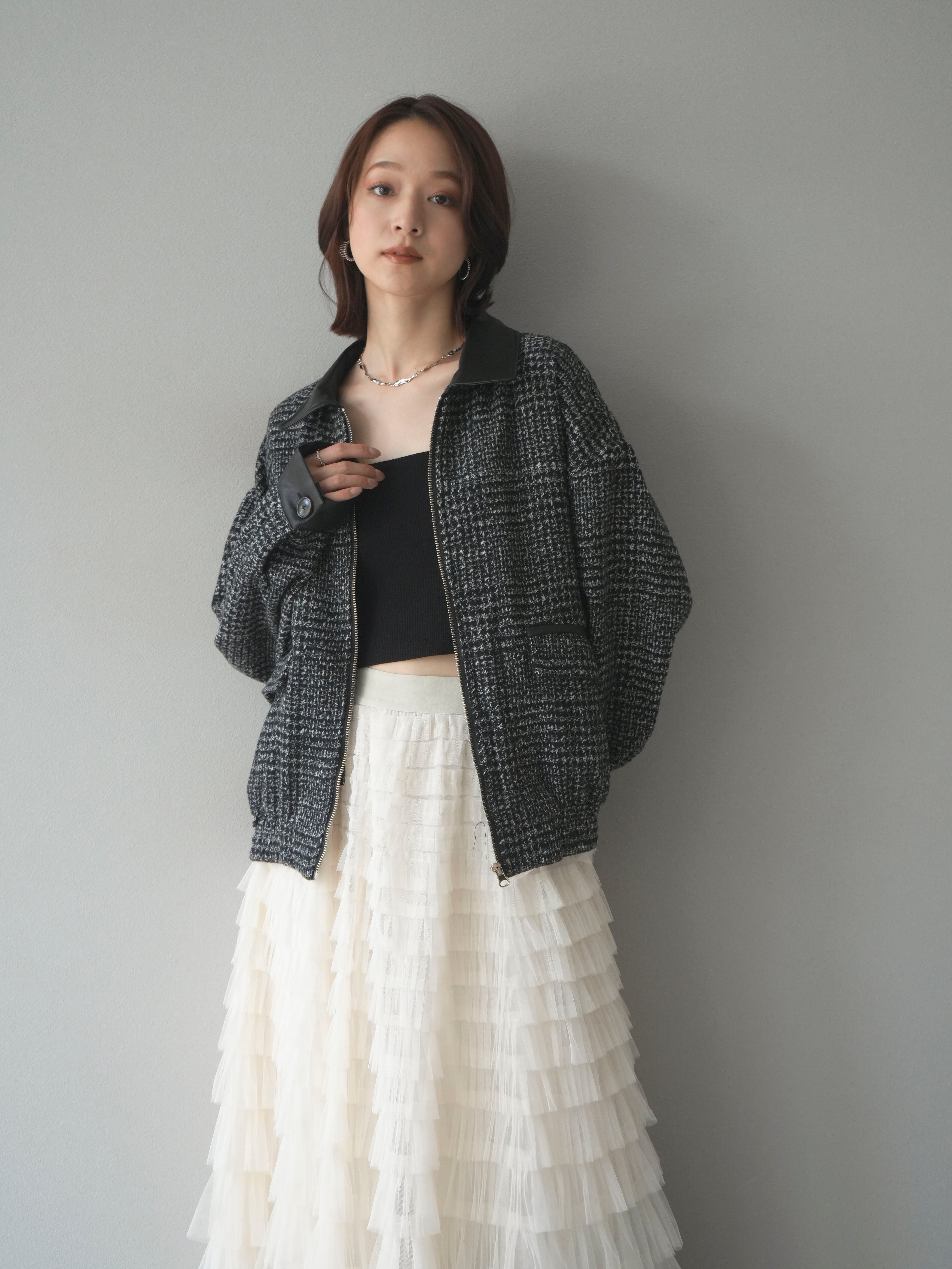 予約]レザー襟ミックスツイードジャケット/black – Lumier