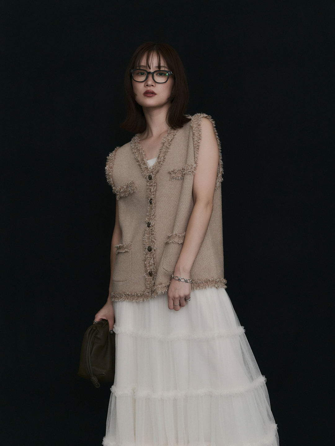 【Allure】[SET]アンティークボタンツイードフリンジニットベスト+アンティークボタンツイードフリンジニットベスト(2set)