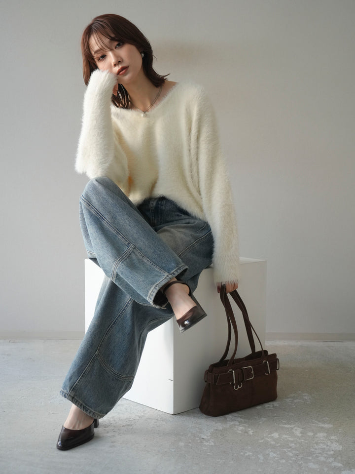 [予約]バックリボンVネックシャギーニットプルオーバー/ivory