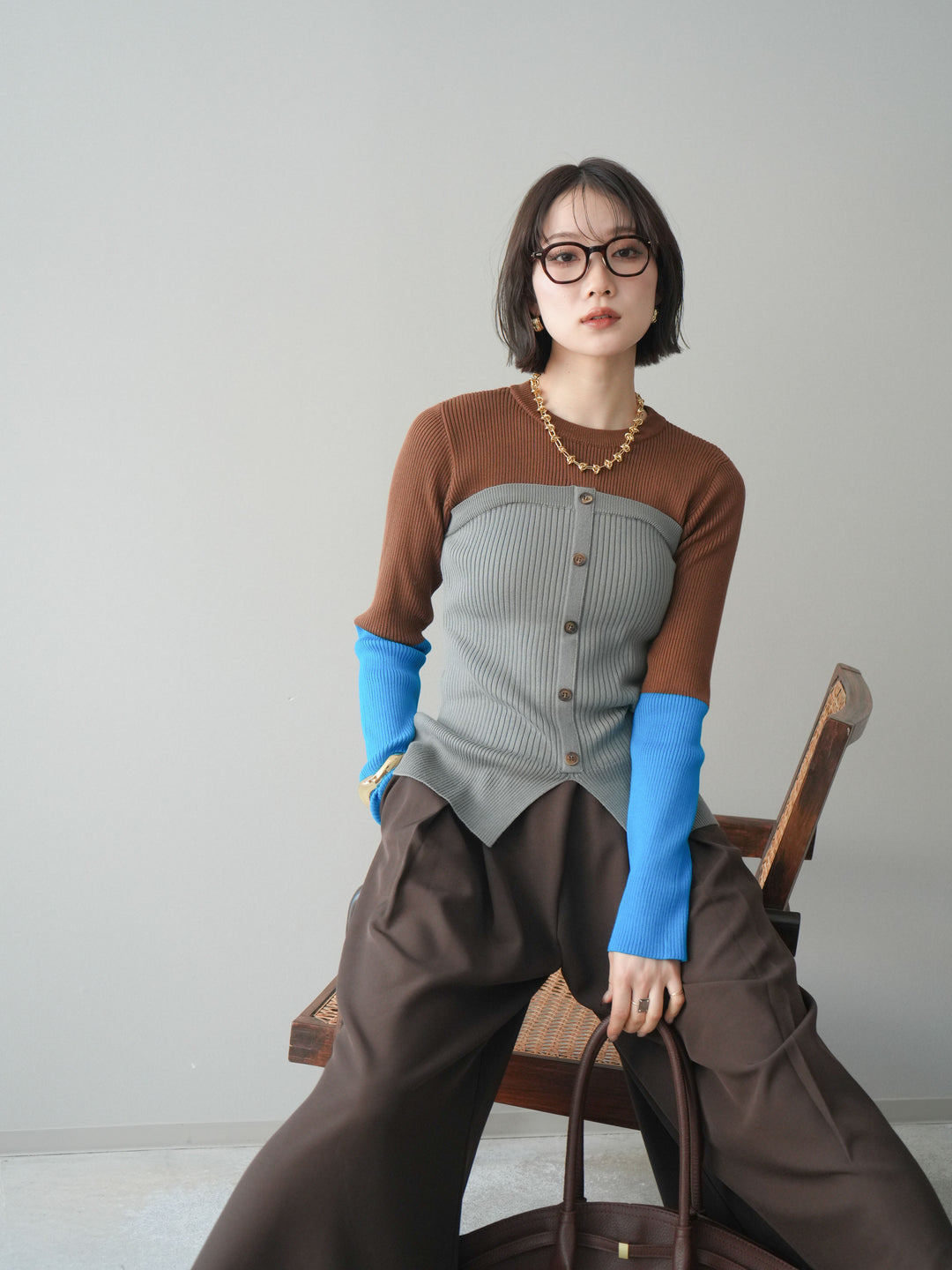 [SET]配色ビスチェドッキングリブニットトップス+選べるアクセセット(2set)