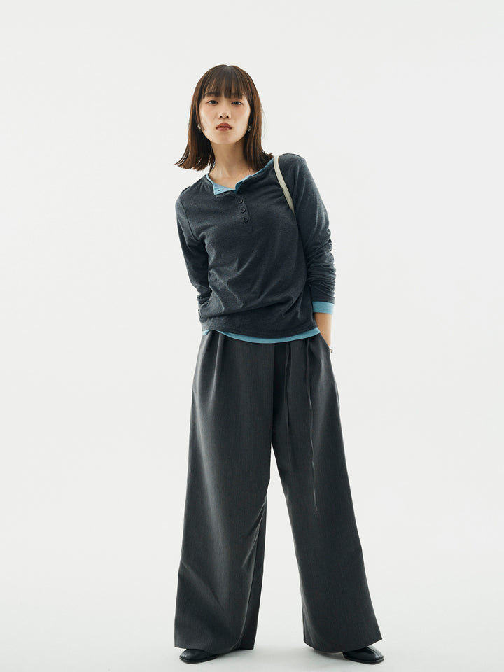 【Allure】[SET]配色レイヤードヘンリーネックトップス+ラップデザインタックワイドパンツ(2set)