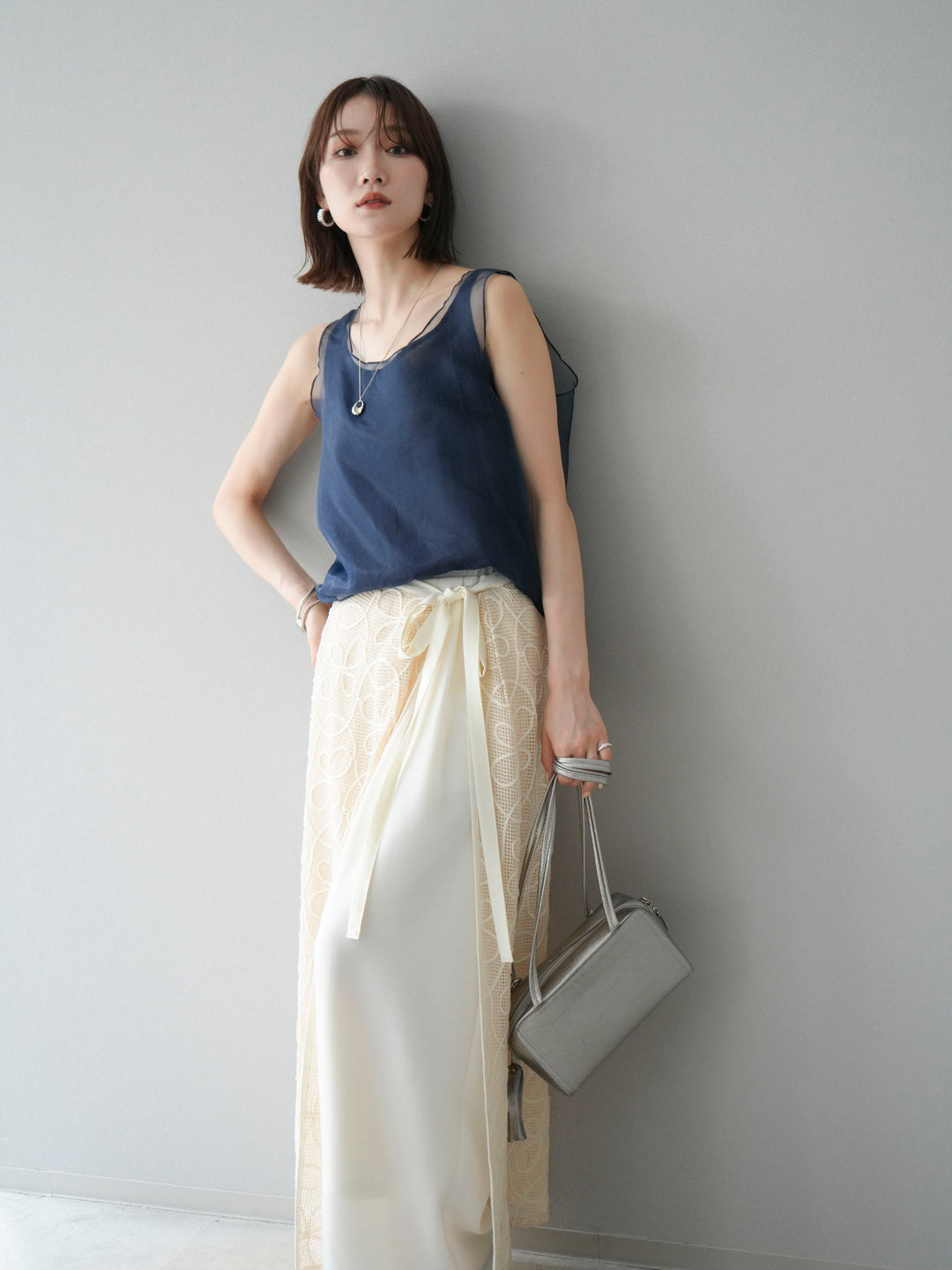 [予約]オーガンジーレイヤードタンクトップ/ネイビー