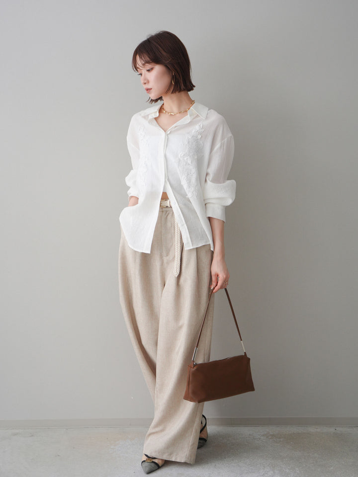 [予約]リネンライクタックワイドパンツ/oatmeal
