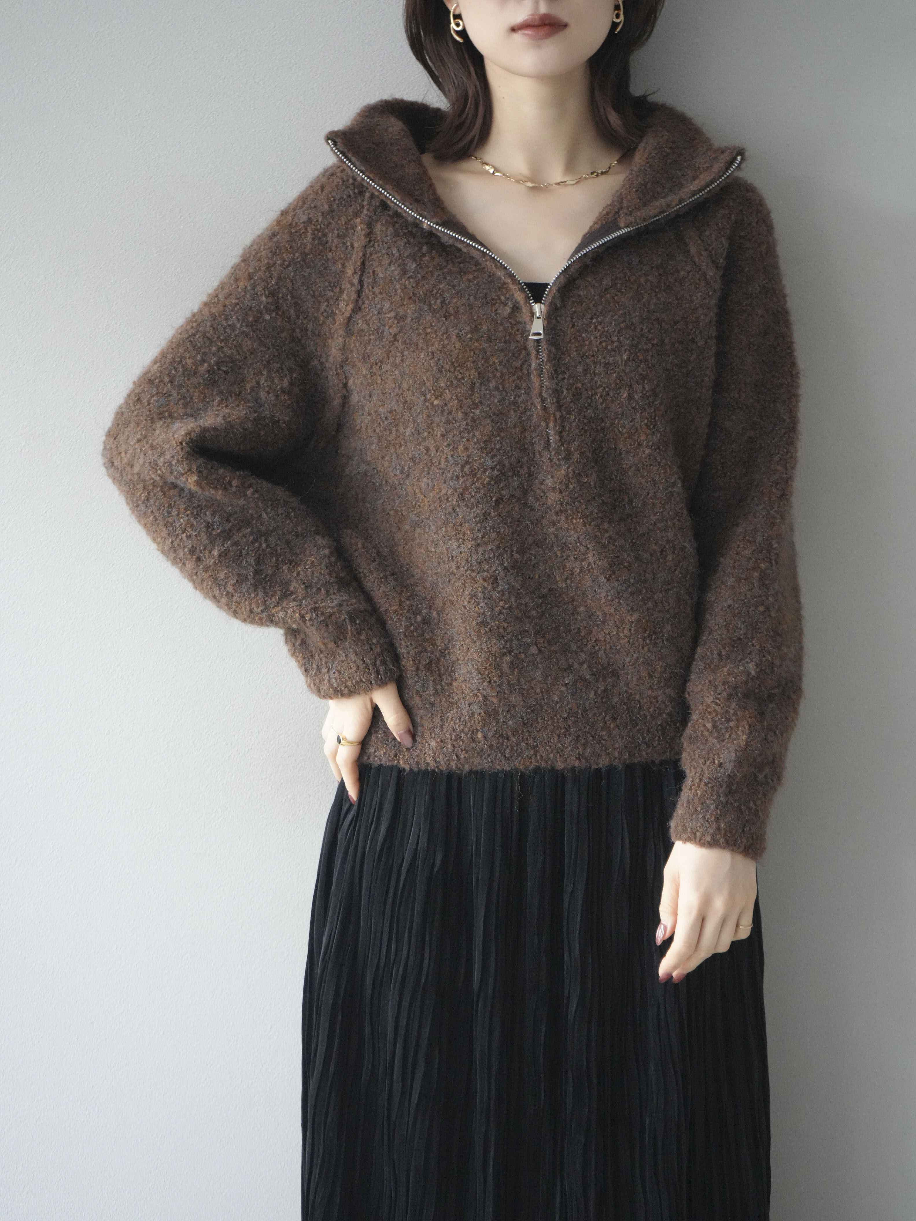 予約]スタンドジップMIXブークレニットプルオーバー/brown – Lumier
