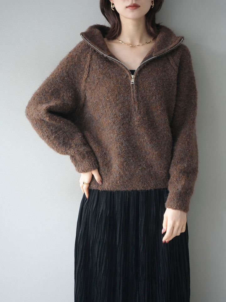 [予約]スタンドジップMIXブークレニットプルオーバー/brown
