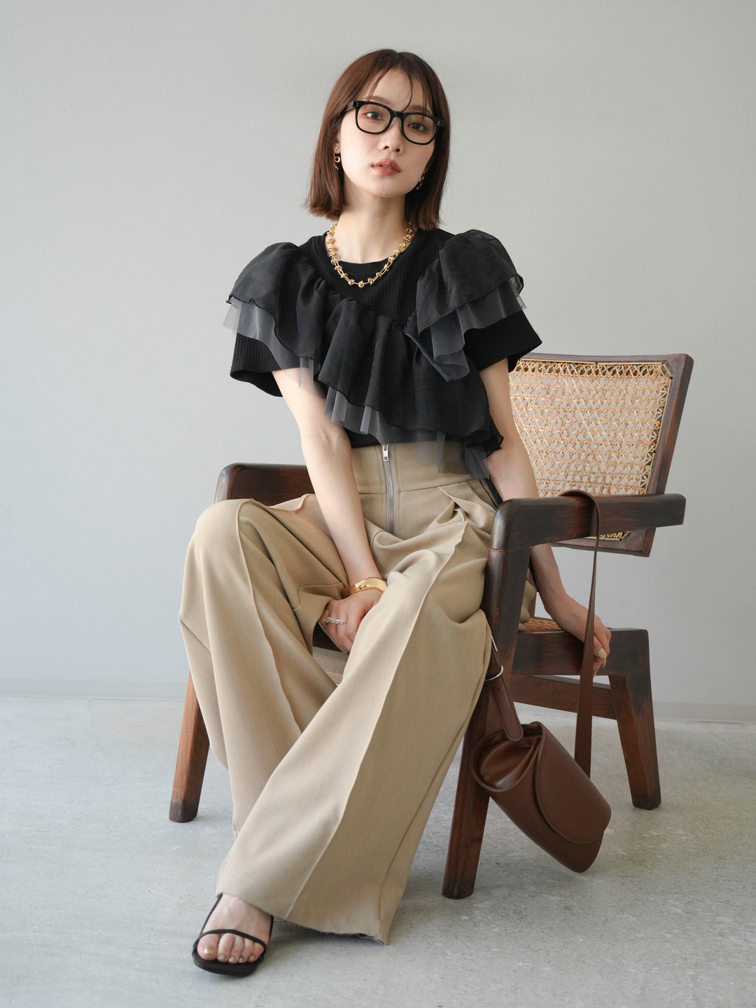 [予約]アシメフリルドッキングカットソー/ブラック