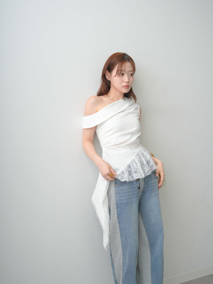 [SET]アシンメトリーラッフルレースヘムトップス+デニム切替スウェットパンツ(2set)