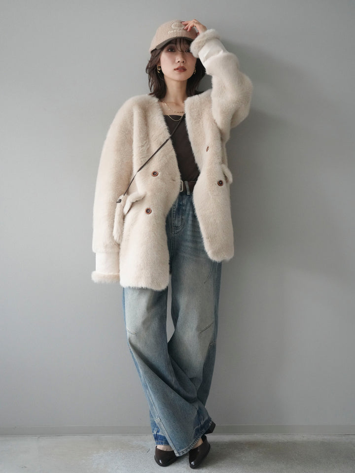 [SET]バッグ付エコファーノーカラーコート+ベルト付カーブデニムパンツ(2set)