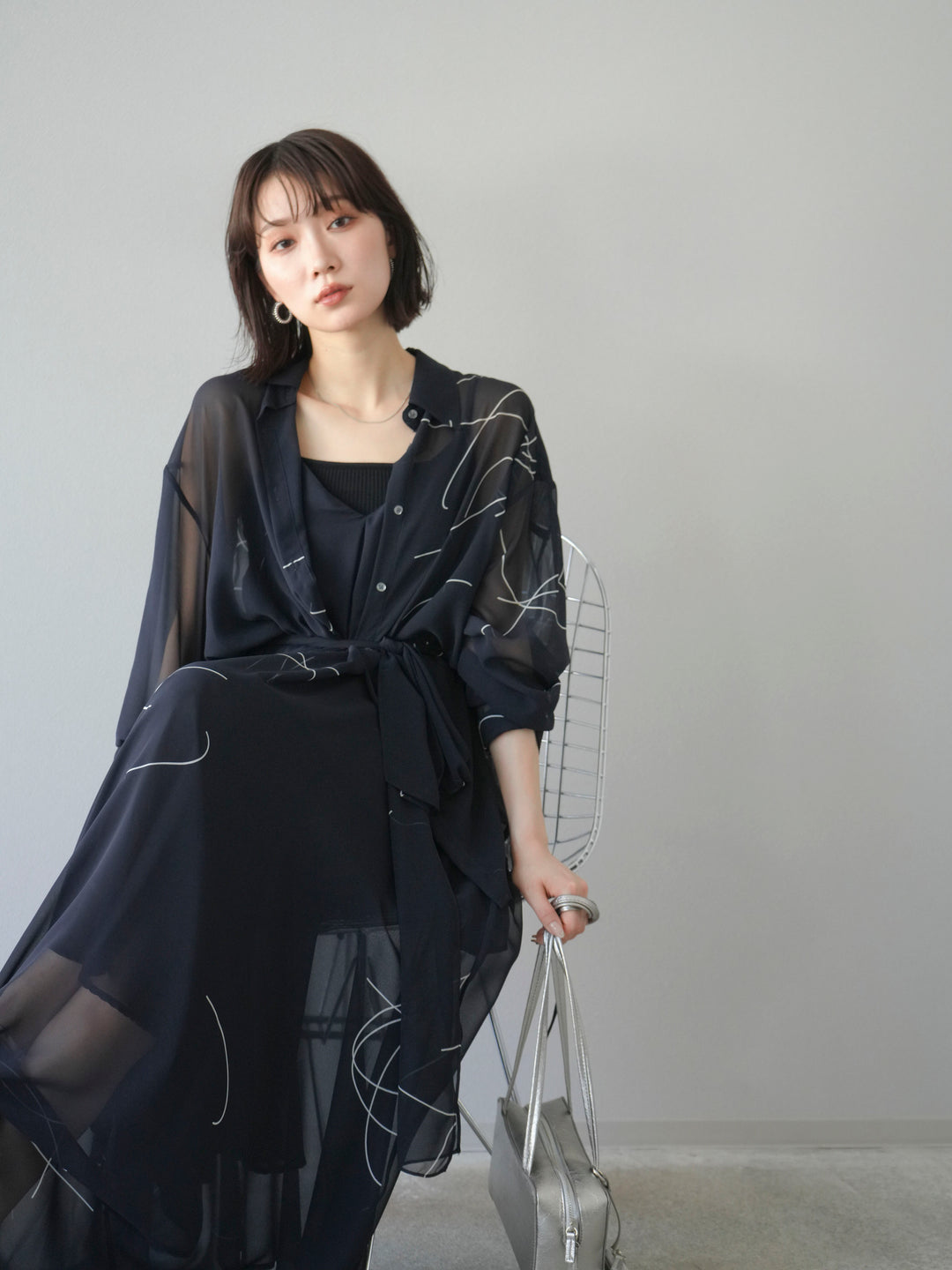 [SET]ペンタッチシフォンキャミワンピース+ペンタッチシフォンシャツ(2set)