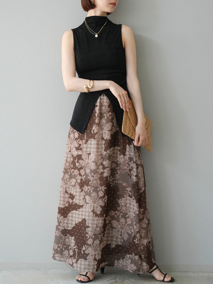 [予約]フラワーパターンフレアスカート/ブラウン