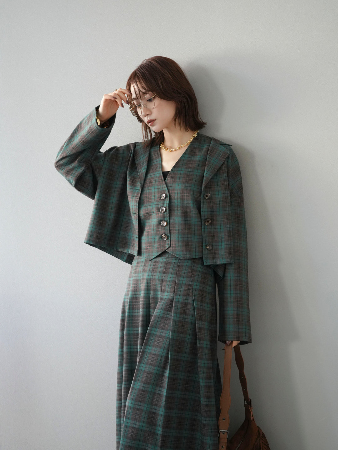 [予約]チェック柄ベスト/グリーン