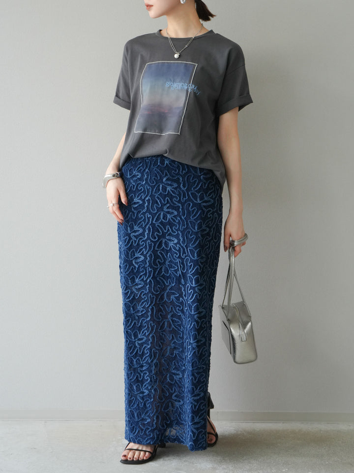 [予約]パイピングフラワーシアーベロアスカート/ネイビー