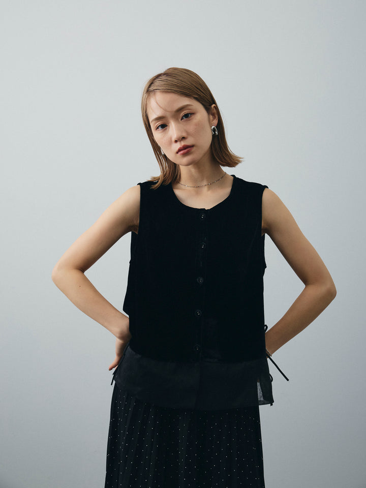 [SET]裾チュールベロアノースリーブプルオーバー+ラインストーンプリーツスカート(2set)