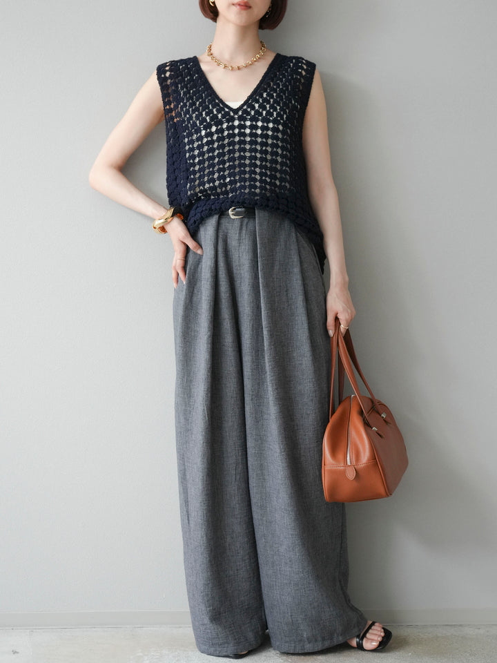 [予約]リネンライクベルト付タックループワイドパンツ/ブラック