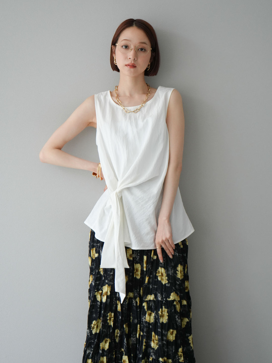 [SET]フロント巻きノースリーブブラウス+フラワーワッシャーロングスカート(2set)