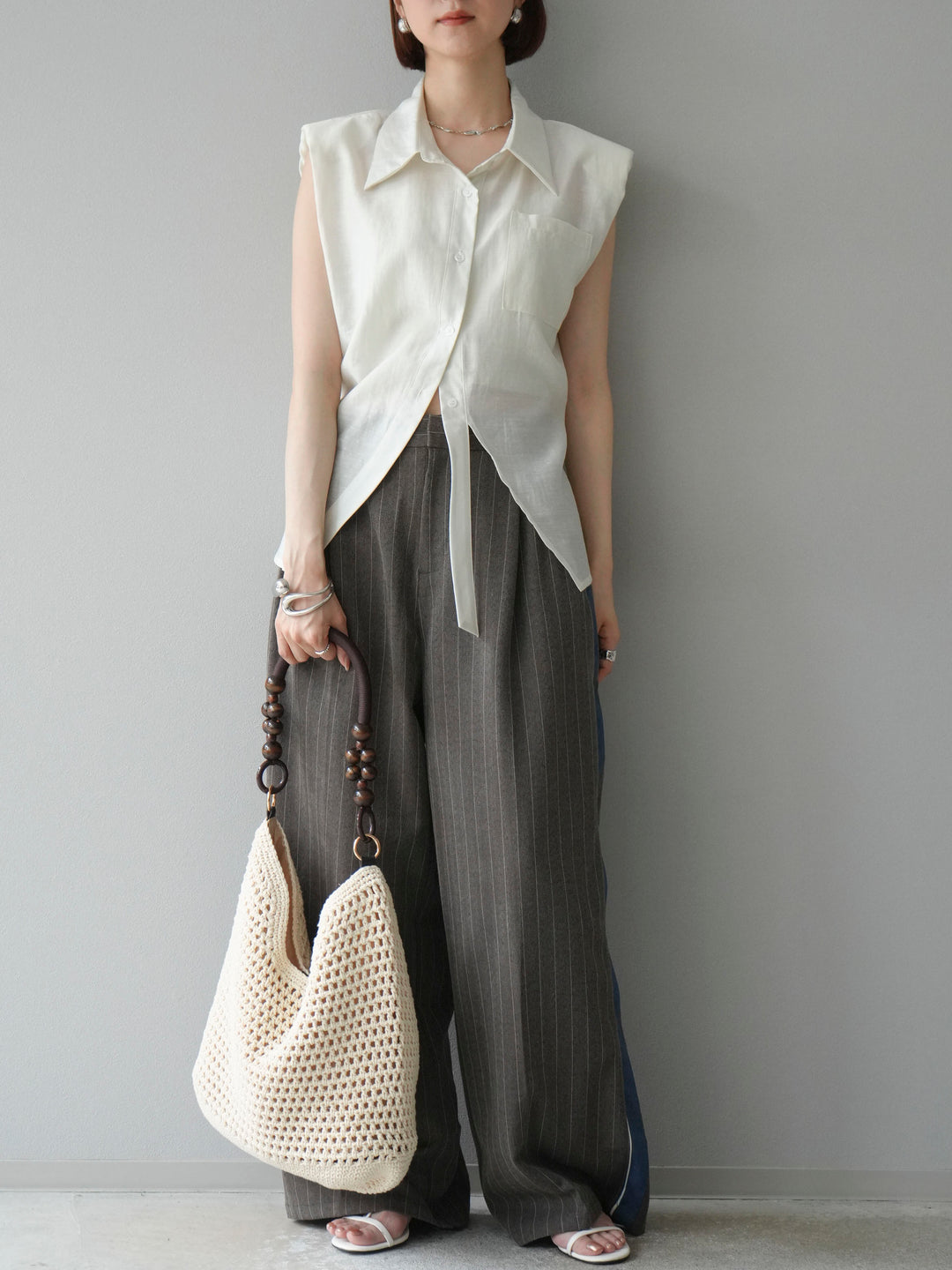 [予約]サイドラインストライプワイドパンツ/ブラウン