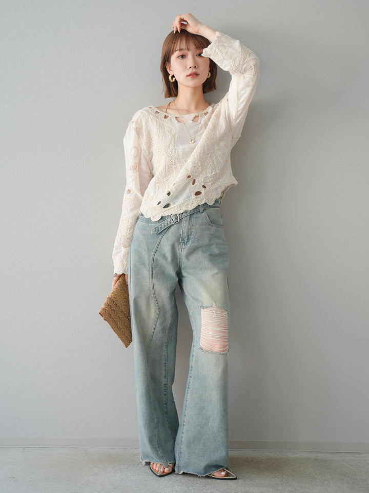 [預訂] 鉤針設計襯衫/象牙色