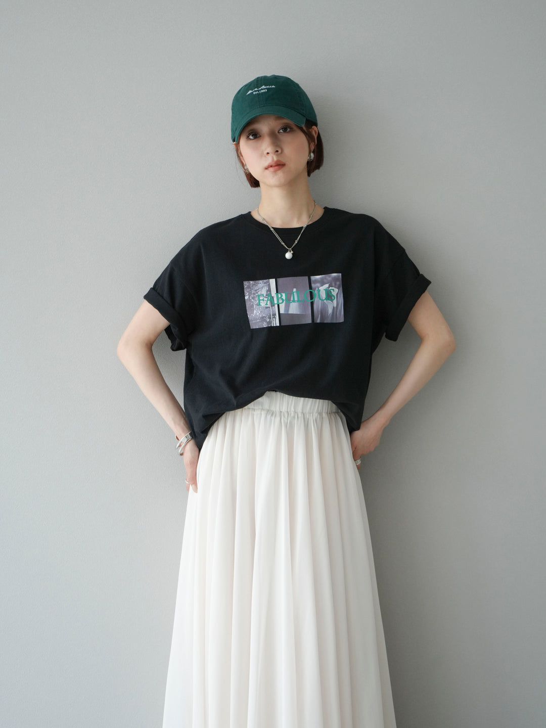 [SET]ネオンロゴコラージュフォトプリントオーバーTシャツ+シフォンフレアスカート(2set)