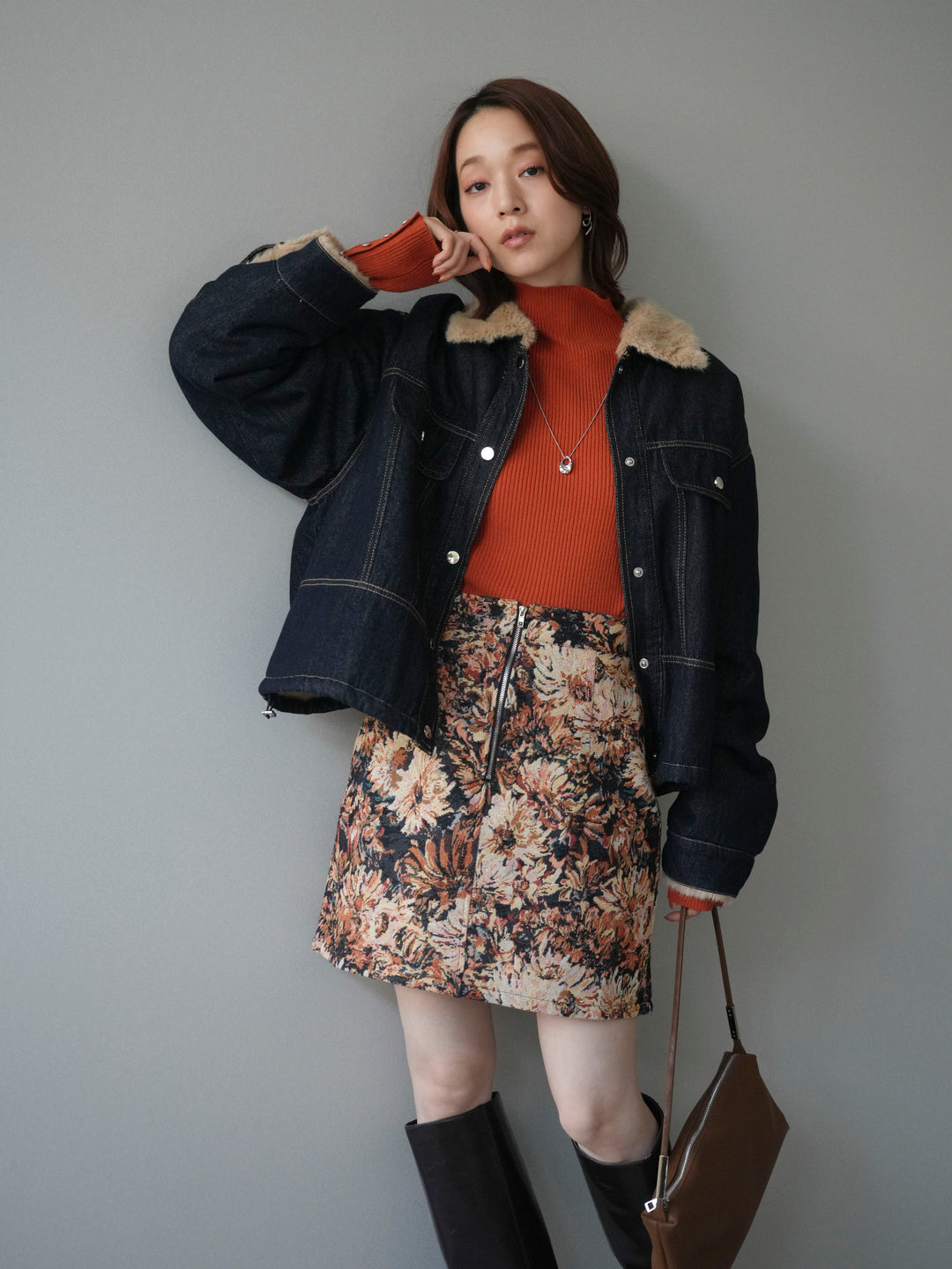 [予約]デニム×ファーステンカラーショートジャケット/indigo