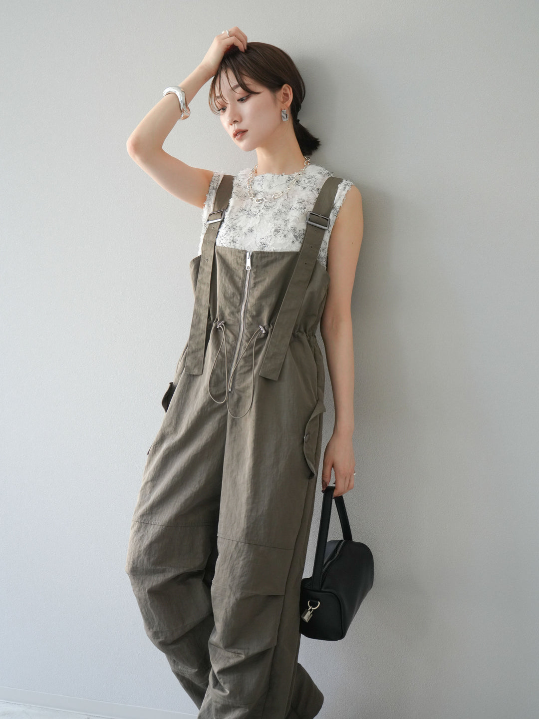 [予約]ナイロンタックデザインサロペット/カーキ