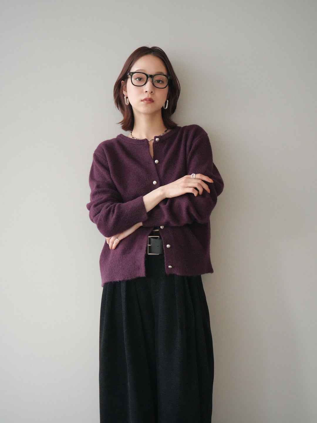 [SET]アンティークボタンニットカーディガン+ベルトデザインループコールテンワイドパンツ(ベルト付き)(2set)