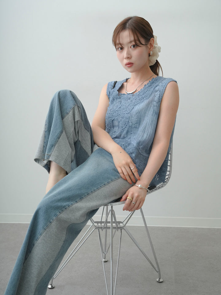 [SET]アンティークレースノースリトップス+デニム切替スウェットパンツ(2set)