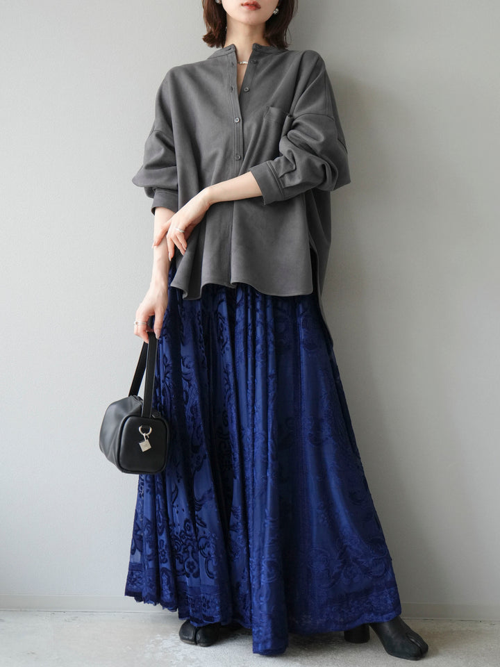 [予約]アンティーク柄フロッキーマキシスカート/ブルー
