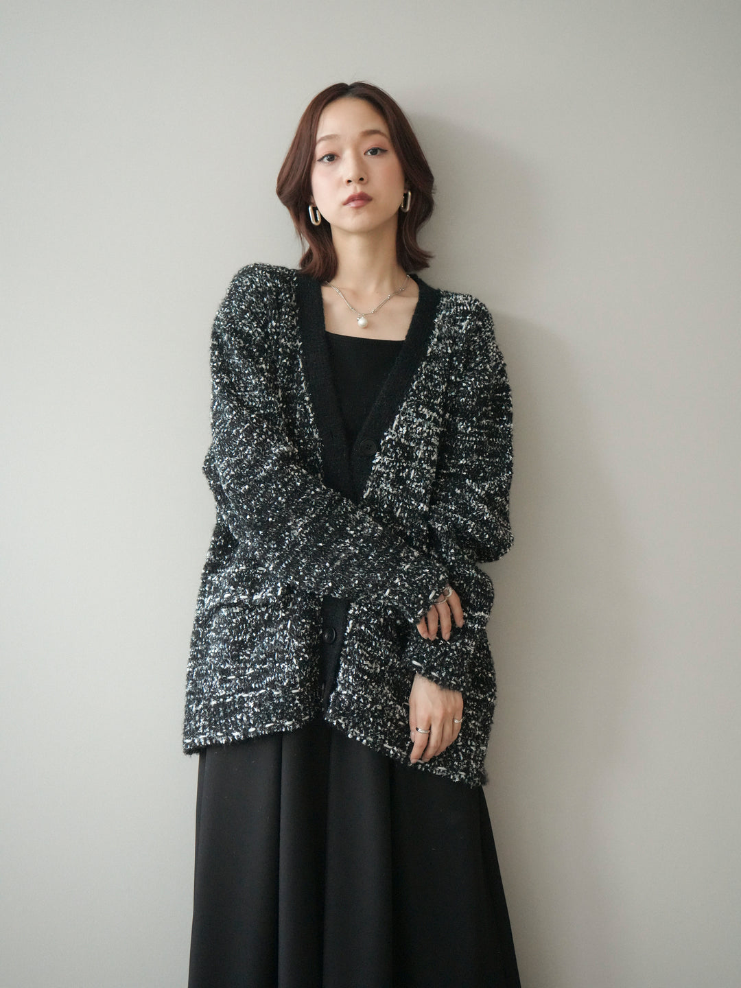 [SET]モールネップニットカーディガン+テープベルトタックバギーパンツ(2set)