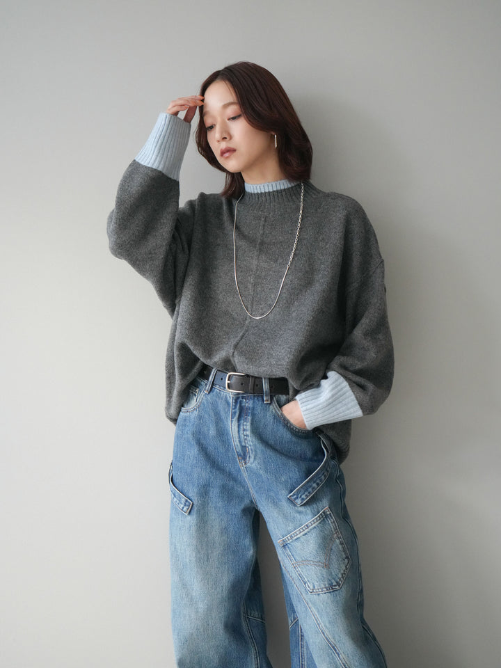 [SET]配色ハイネックニットプルオーバー+ペインターカーブデニムパンツ(2set)