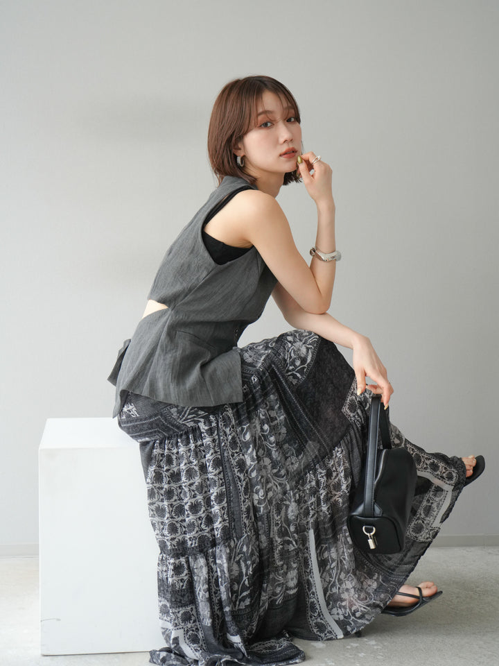 [SET]リネンタッチバックオープンベスト＆ニュアンス柄マキシスカートSET UP(2set)