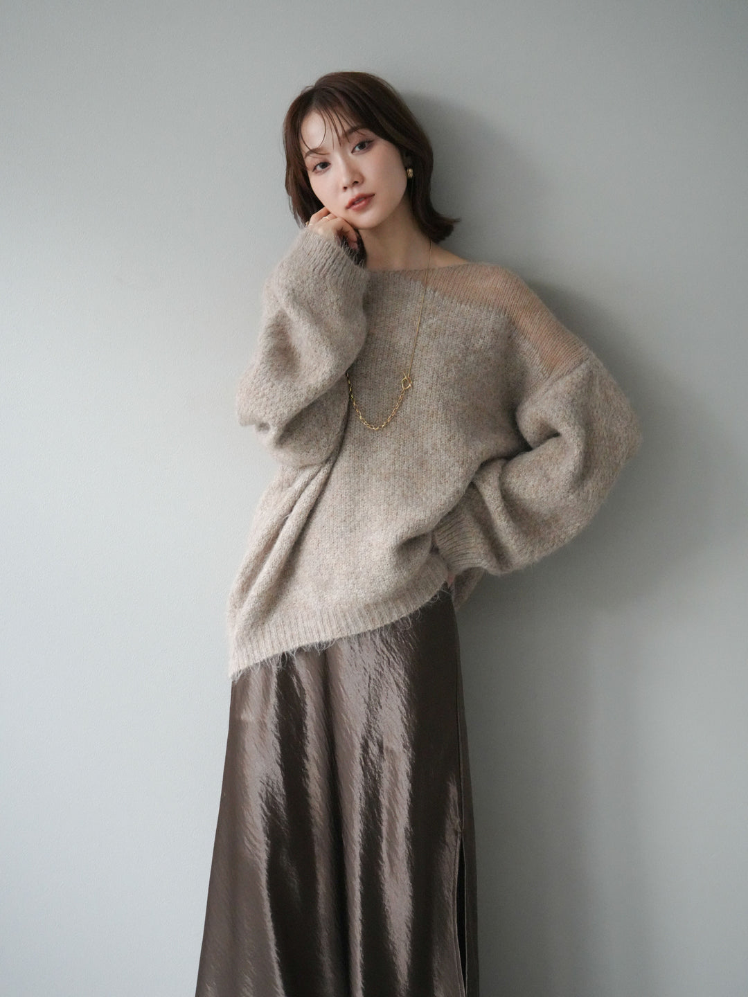 [予約]ネック透かし編みニットプルオーバー/ベージュ