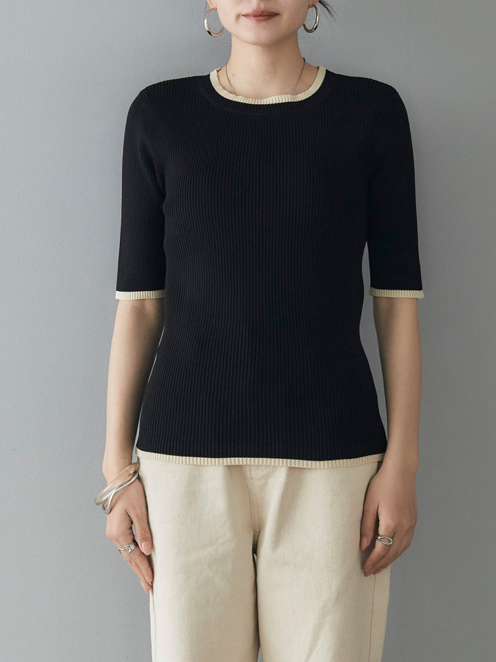 [Pre-order] Half-sleeve polyester color-blocked knit top/black