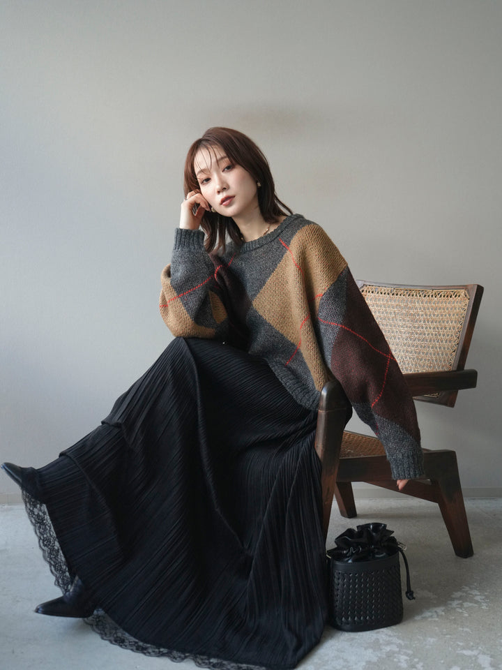 [SET]配色ステッチアーガイル柄ニットプルオーバー+裾レーススウェードプリーツマキシスカート(2set)