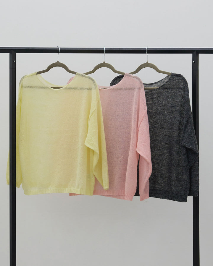 【Allure】[SET]モヘアタッチ透かし編みボートネックニットプルオーバー+アシンメトリーウエストタックパンツ(2set)