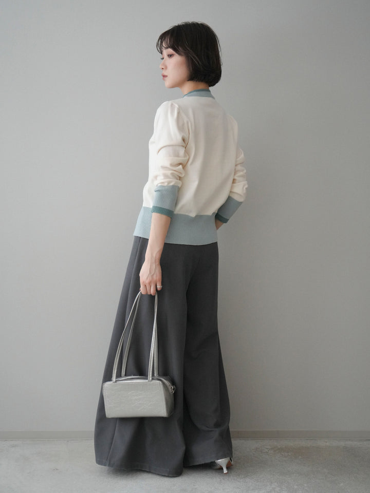 [SET]デザインボタン配色Vネックニットカーディガン+テープベルトタックバギーパンツ(2set)